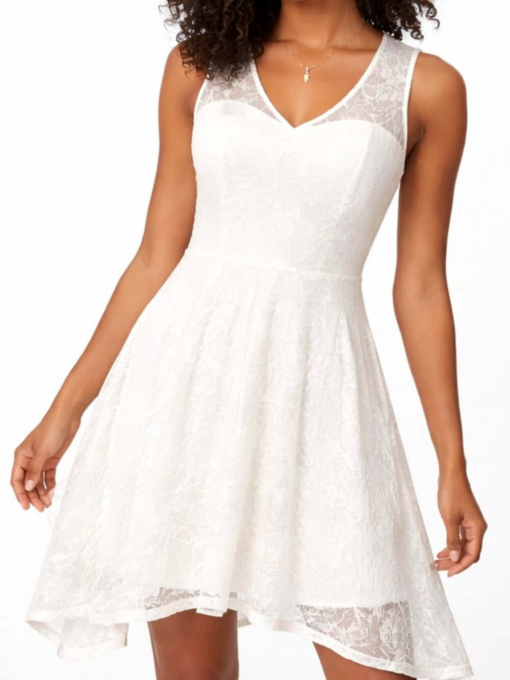 Meetjen White Lace Asymmetrical Fit & Flare Dress | Large